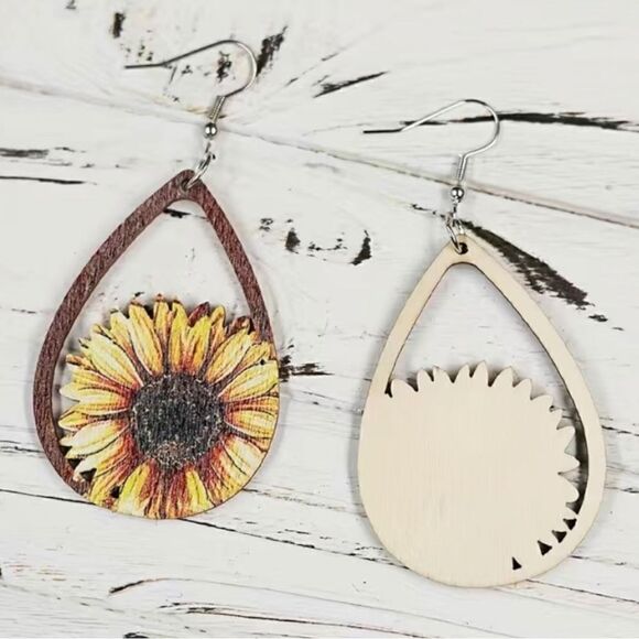 Boutique Lightweight Wooden Sunflower Teardrop Sunflower Dangle Earrings - Picture 3 of 3
